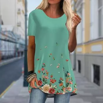 Плюс размер Женская весенняя опавшие цветы принтованная удобная футболка с коротким рукавом и круглым воротником повседневные мешковатые футболки средней длины XS синий
