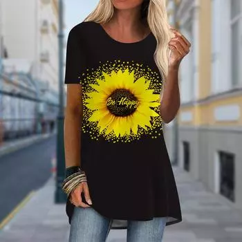 Плюс размер Женская весенняя оранжевая футболка с принтом подсолнуха, удобная, с коротким рукавом и круглым воротником, повседневные мешковатые футболки средней длины XS зелёный