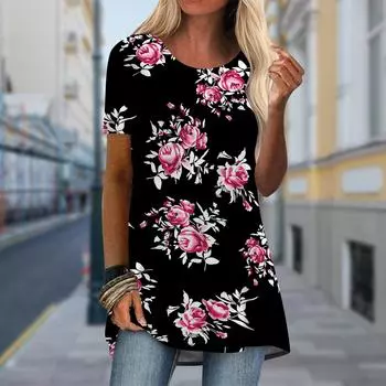 Плюс размер Женская весенняя розовая роза с принтом удобная футболка с коротким рукавом и круглым воротником повседневные мешковатые футболки средней длины XS оранжевый