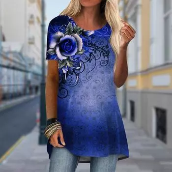 Плюс размер Женская весенняя синяя роза с принтом удобная футболка с коротким рукавом и круглым воротником повседневные мешковатые футболки средней длины XS синий