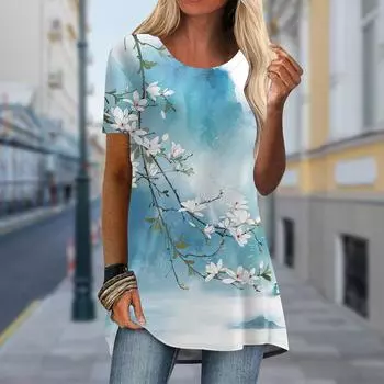 Плюс размер Женская весенняя удобная футболка с коротким рукавом и круглым воротником с принтом цветка сливы Повседневные мешковатые футболки средней длины XS синий