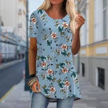 Плюс размер Женская весенняя удобная футболка с коротким рукавом и круглым воротником с принтом камелии Повседневные мешковатые футболки средней длины XS синий