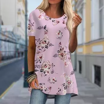 Плюс размер Женская весенняя удобная футболка с коротким рукавом и круглым воротником с принтом цветка лотоса, повседневные мешковатые футболки средней длины XS красный