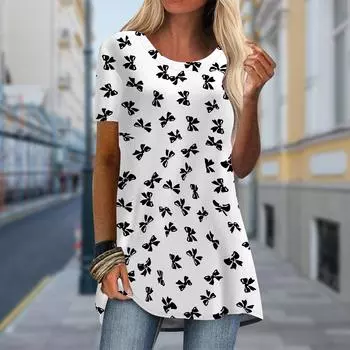 Плюс размер Женская весенняя удобная футболка с коротким рукавом и круглым воротником с принтом банта Повседневные мешковатые футболки средней длины XS синий