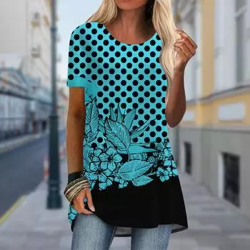 Плюс размер Женская весенняя волнистая точка принтованная удобная футболка с коротким рукавом и круглым воротником повседневные мешковатые футболки средней длины XS зелёный