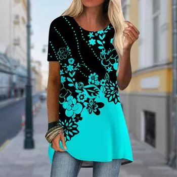 Плюс размер Женская весенняя жемчужная головная повязка с принтом, удобная футболка с коротким рукавом и круглым воротником, повседневные мешковатые футболки средней длины XS синий