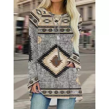 Плюс размер Женская винтажная этническая футболка с принтом, свободная блузка с длинными рукавами, повседневные топы с круглым вырезом, толстовка, пуловер S