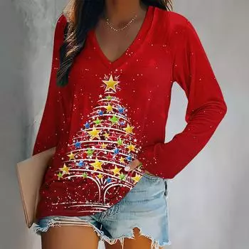Плюс Размер Женская винтажная печать с длинным рукавом Рождественская футболка Плюс Размер Женская одежда для Рождества Осень Плюс Размер Feminino S