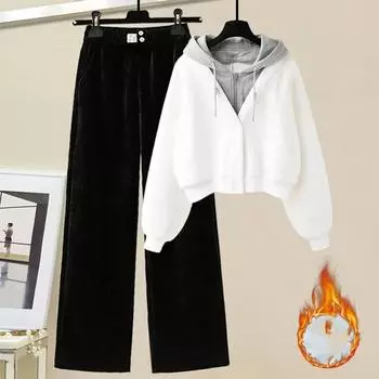 Плюс размер Женская зимняя плюшевая утолщенная однобортная толстовка с капюшоном Туника Свободная рабочая одежда Элегантный женский комплект брюк Модный наряд 3XL белый