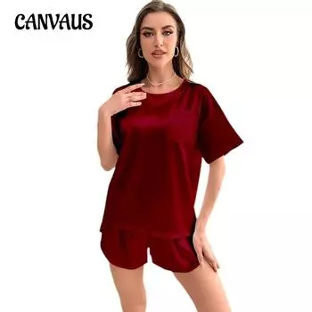 Плюс размер женские летние однотонные шорты с короткими рукавами из ледяного шелка повседневная домашняя пижама комплект S чёрный