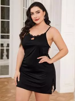 Плюс Размер Женские Ночные Рубашки V-образный вырез Без Рукавов Сексуальные Кружевные Отделки Пижамы Вырез Нижнее Белье С Разрезом По Боку Открытая Спинка Ночная Рубашка Платье 0XL чёрный