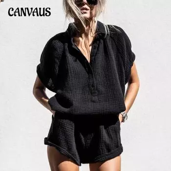 Плюс размер женские новые повседневные шорты с V-образным вырезом на пуговицах черные однотонные спортивные шорты из двух частей S чёрный