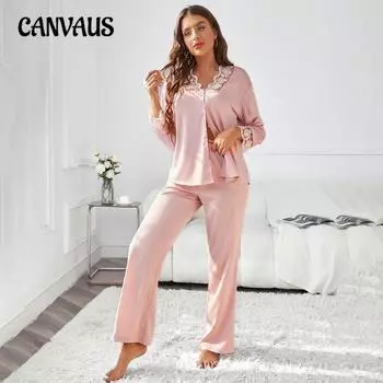 Плюс Размер Женские Осенние Брюки С Длинным Рукавом И V-образным Вырезом Кружева Новый Однотонный Домашний Костюм S розовый
