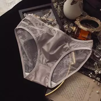 Плюс Размер Женские Сексуальные Трусы Средней Талии Полые Тонкие Шелковые Промежность Кружева Сетка Атласные Дышащие Трусы Нижнее Белье M