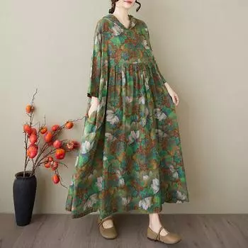 Плюс Размер Женские Винтажные Хлопковые Цветочные Платья Повседневные Свободные Длинные Весенне-Летние Платья Элегантные С Капюшоном Льняные Платья One Size