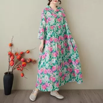 Плюс Размер Женские Винтажные Хлопковые Цветочные Платья Повседневные Свободные Длинные Весенне-Летние Цветочные Принтованные Платья Элегантное Льняное Платье С Капюшоном One Size