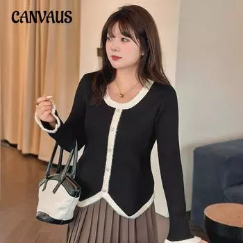 Плюс Размер Женский Цвет Контрастный Расклешенные Рукава Свободный Темперамент Маленький Аромат Вязаный Свитер XL чёрный