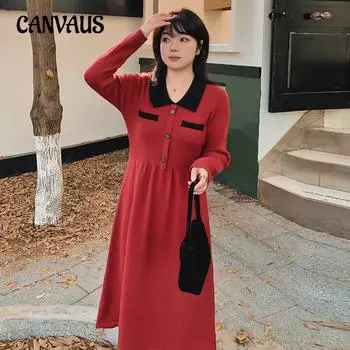 Плюс Размер Женский Цвет Контрастный Свитер Темперамент Трикотажное Платье XL чёрный