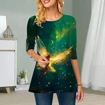 Плюс Размер Женский Цветочный Фея Принт Круглый Вырез Повседневный Свободный Длинный Рукав Топ XS фиолетовый