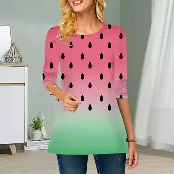 Плюс Размер Женский Цветочный Фруктовый Принт Круглый Вырез Повседневный Свободный Длинный Рукав Топ XS розовый