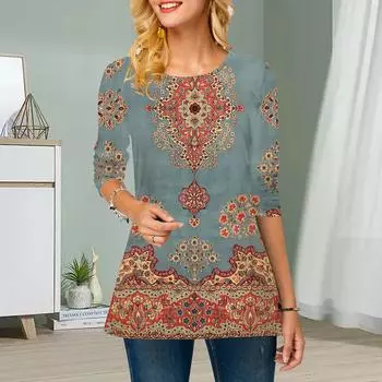 Плюс Размер Женский Цветочный Классический Тотемный Принт Круглый Вырез Повседневный Свободный Топ С Длинным Рукавом XS темно-синий