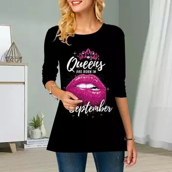 Плюс Размер Женский Цветочный Красный Принт Губ Круглый Вырез Повседневный Свободный Длинный Рукав Топ XS розовый