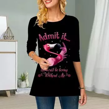 Плюс Размер Женский Цветочный Красный журавль Принт Круглый вырез Повседневный Свободный Длинный Рукав Топ XS розовый