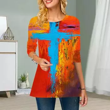 Плюс Размер Женский Цветочный Крест Принт Круглый Вырез Повседневный Свободный Длинный Рукав Топ XS чёрный