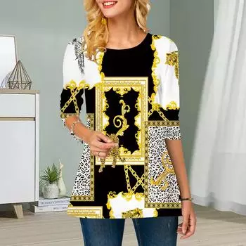 Плюс Размер Женский Цветочный Квадратный Принт Круглый Вырез Повседневный Свободный Длинный Рукав Топ XS золотой