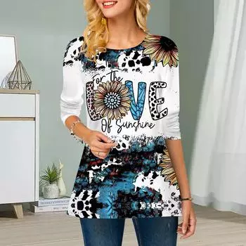 Плюс Размер Женский Цветочный Леопардовый Принт Круглый Вырез Повседневный Свободный Длинный Рукав Топ XS синий