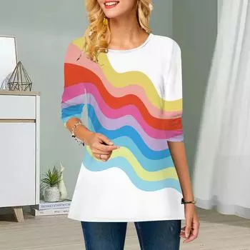 Плюс Размер Женский Цветочный Полосатый Принт Круглый Вырез Повседневный Свободный Длинный Рукав Топ XS фиолетовый