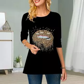 Плюс Размер Женский Цветочный Принт Губы Круглый Вырез Повседневный Свободный Топ С Длинным Рукавом XS чёрный