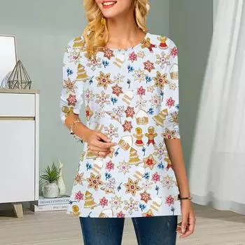 Плюс Размер Женский Цветочный Рождественский Подарок Принт Круглый Вырез Повседневный Свободный Длинный Рукав Топ XS белый