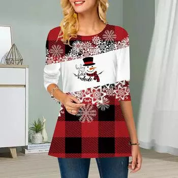Плюс Размер Женский Цветочный Рождественский Принт Круглый Вырез Повседневный Свободный Длинный Рукав Топ XS красный