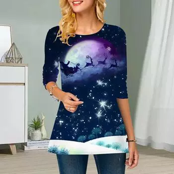 Плюс Размер Женский Цветочный Санта-Клаус Принт Круглый Вырез Повседневный Свободный Длинный Рукав Топ XS фиолетовый