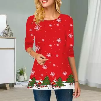 Плюс Размер Женский Цветочный Снежинка Принт Круглый Вырез Повседневный Свободный Длинный Рукав Топ XS фиолетовый