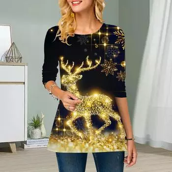 Плюс Размер Женский Цветочный Золотой Олень Принт Круглый Вырез Повседневный Свободный Длинный Рукав Топ XS фиолетовый
