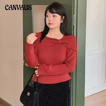 Плюс Размер Женский Дизайн Бантик Вырез Трикотаж Темперамент Свитер XL чёрный