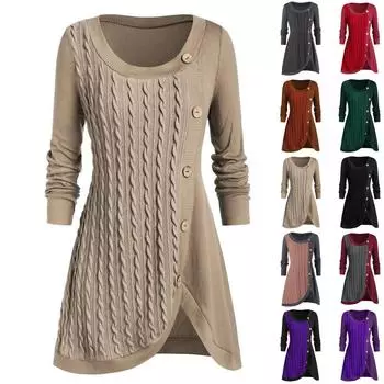 Плюс Размер Женский Длинный Рукав Твердый Ботон Пэчворк Асимметричные Топы Свитер L чёрный