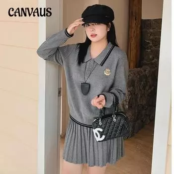 Плюс Размер Женский Ethos Колледж Стиль Водолазка Свитер Плиссированная Юбка Трикотажный Костюм Из Двух Частей XL чёрный