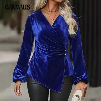 Плюс Размер Женский Элегантный Осенний V-образный вырез Рукав Фонарик Тонкий Однотонный Длинный Рукав Топ 1XL синий