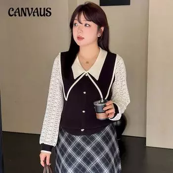 Плюс размер женский колледж стиль лацкан стиль осень пэчворк кружева с длинными рукавами вязаный свитер XL чёрный