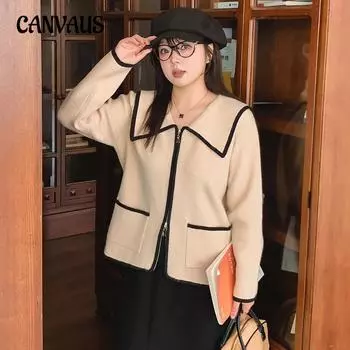 Плюс размер женский контрастный цвет темно-синий воротник длинный рукав новый темперамент досуг вязаный кардиган свитер XL чёрный