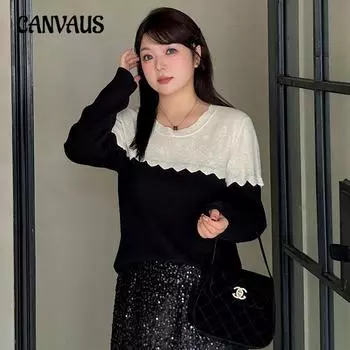 Плюс Размер Женский Круглый вырез Цвет Контрастная строчка Кружева Осенний Повседневный Свободный вязаный свитер XL чёрный