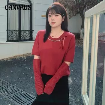 Плюс Размер Женский Круглый вырез Дизайн Бисером Короткие рукава Свитер Трикотажный Топ XL чёрный