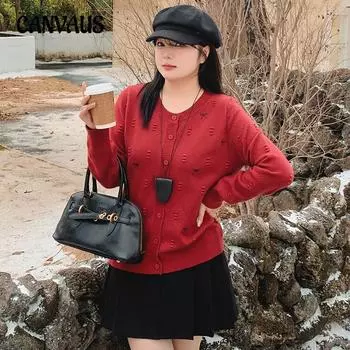 Плюс Размер Женский Круглый вырез Длинный рукав Вышивка Свободный вязаный кардиган свитер Топ XL чёрный