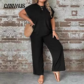 Плюс размер женский круглый вырез свободный повседневный топ с короткими рукавами эластичные широкие брюки костюм из двух частей 1XL чёрный