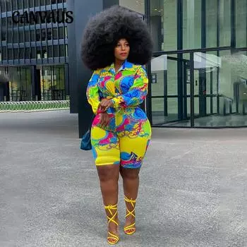 Плюс Размер Женский Лацкан Цветной Принт Модный Сексуальный Двухсекционный Костюм L жёлтый