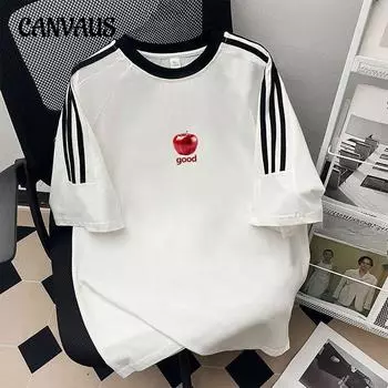 Плюс Размер Женский Летний Индивидуальный Модный Свободный Короткий Рукав Буквальный Принт Три Полоски Круглый Вырез Топ M белый