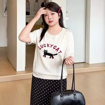 Плюс Размер Женский Летний Круглый Вырез Жаккард Котенок Трикотажные Свободный Топ С Короткими Рукавами XL сапфировый